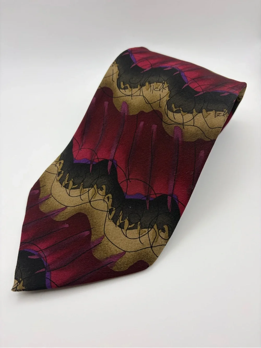J Garcia Snail Garden Collection 14 Silk Tie Burgundy Gold Abstract Vintage 90s